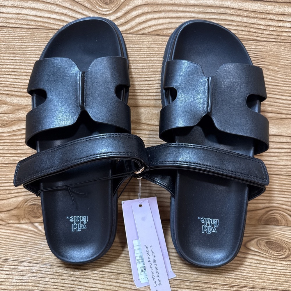 Wild Fable Hayley Slip Sandals Women Sz 6 Black Adjustable Straps Vacation Shoes